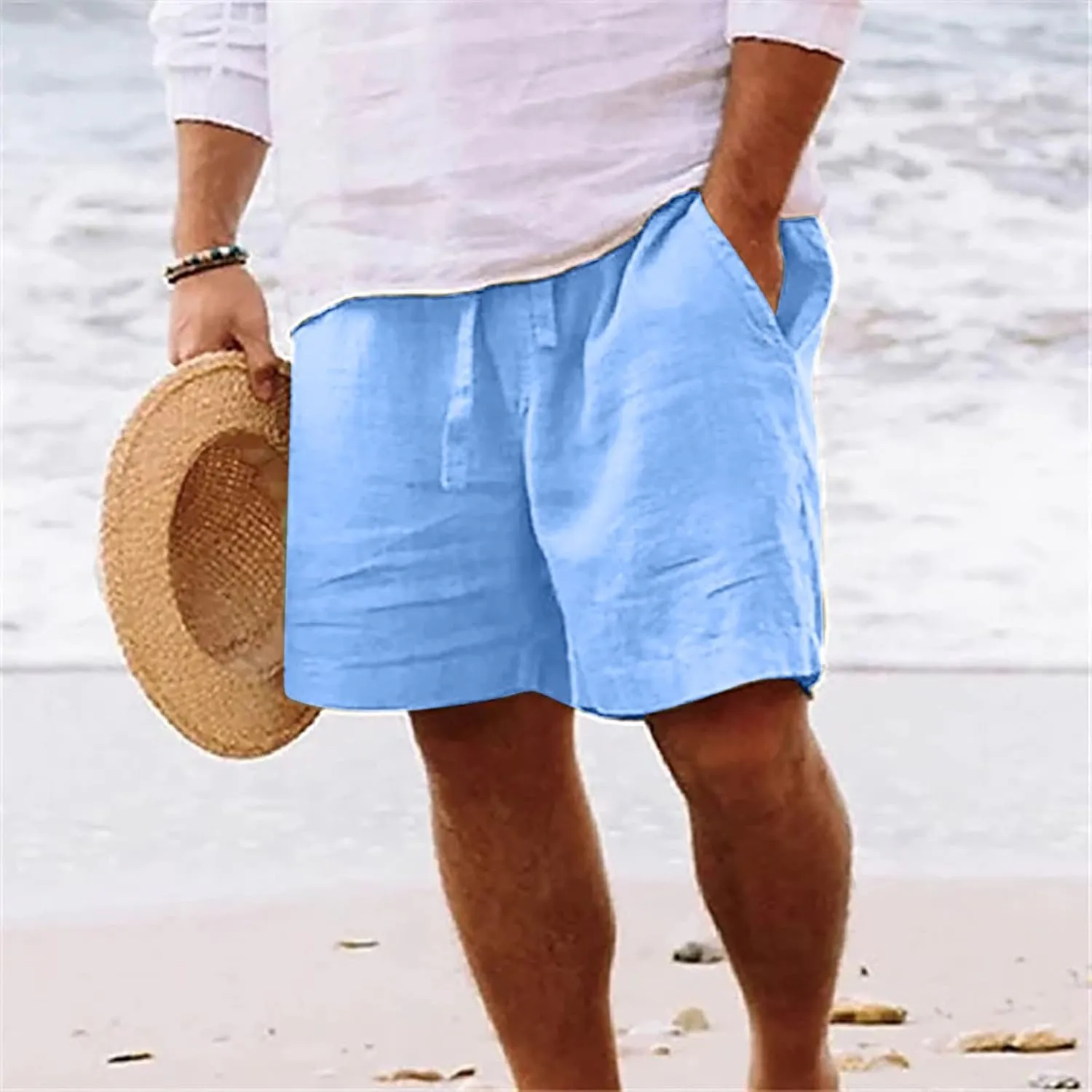 Mens Shorts Casual Cotton Linen Shorts Elastic Waist Drawstring Big and Tall Shorts Loose Fit Summer Beach Shorts Trendy