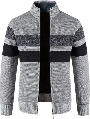 Mens Striped Print Full Zip Cardigans Plus Classic Band Collar Color Block Stripe Cable Knit Cardigan Coats