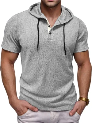 Mens Summer Hoodies Breathable Short Sleeve Shirts Stylish Athletic Workout Sweatshirt Solid Drawstring Tops