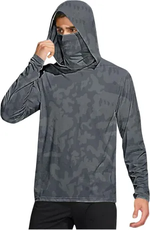 Mens Sun Protection Shirts UPF 50 Long Sleeve Hoodie Breathable Lightweight Beach Fishing UV SPF T-Shirts with Mask