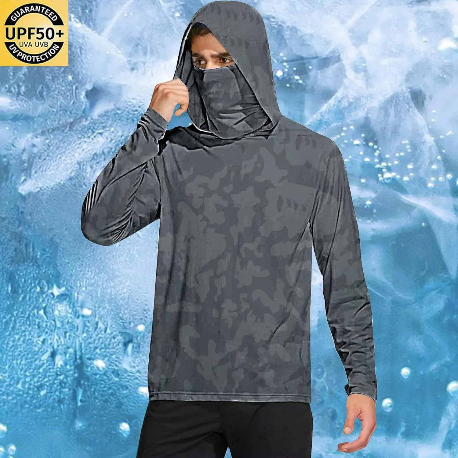 Mens Sun Protection Shirts UPF 50 Long Sleeve Hoodie Breathable Lightweight Beach Fishing UV SPF T-Shirts with Mask