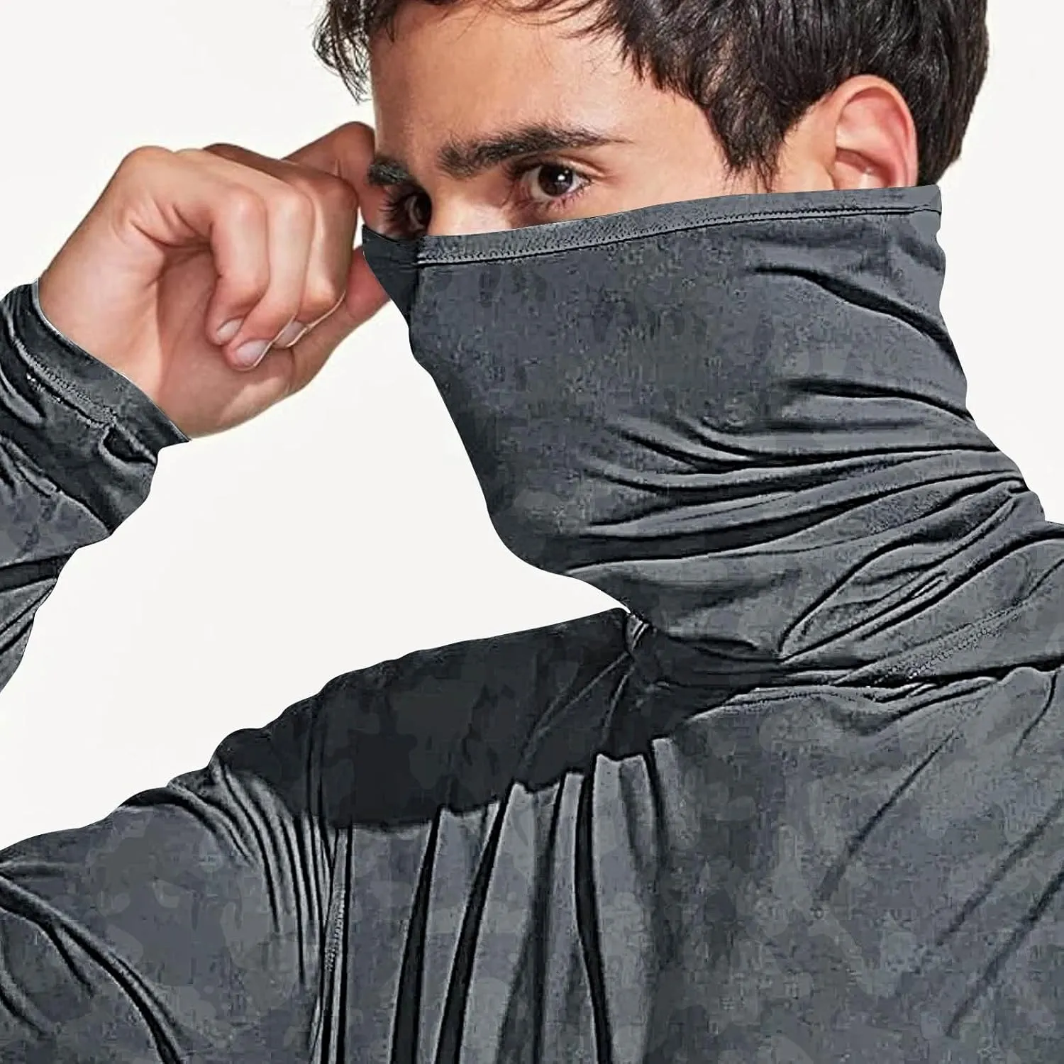 Mens Sun Protection Shirts UPF 50 Long Sleeve Hoodie Breathable Lightweight Beach Fishing UV SPF T-Shirts with Mask