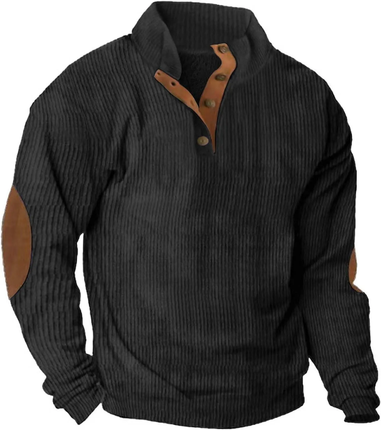Mens Sweatshirt Stand Collar Corduroy Polo Warm Cuff Patch Long Sleeve Sweatshirt Top Stand Collar Button Pullover