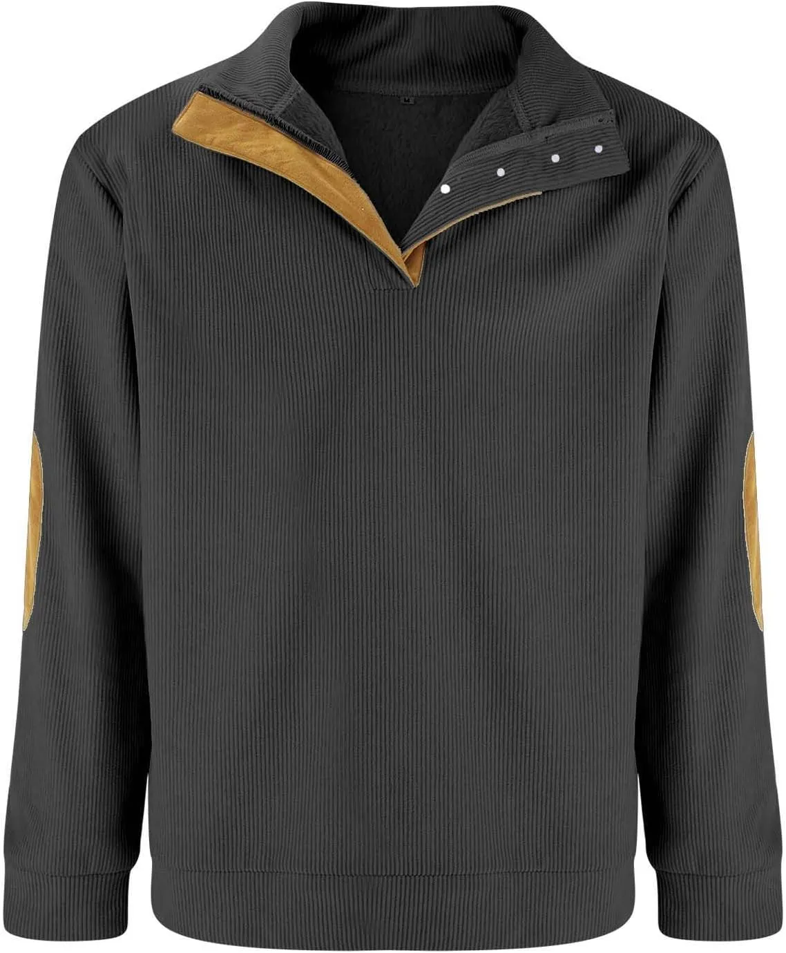 Mens Sweatshirt Stand Collar Corduroy Polo Warm Cuff Patch Long Sleeve Sweatshirt Top Stand Collar Button Pullover