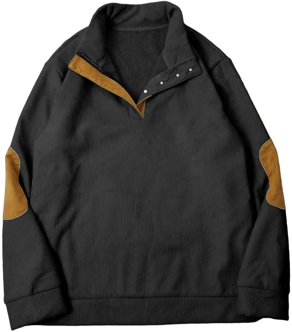 Mens Sweatshirt Stand Collar Corduroy Polo Warm Cuff Patch Long Sleeve Sweatshirt Top Stand Collar Button Pullover
