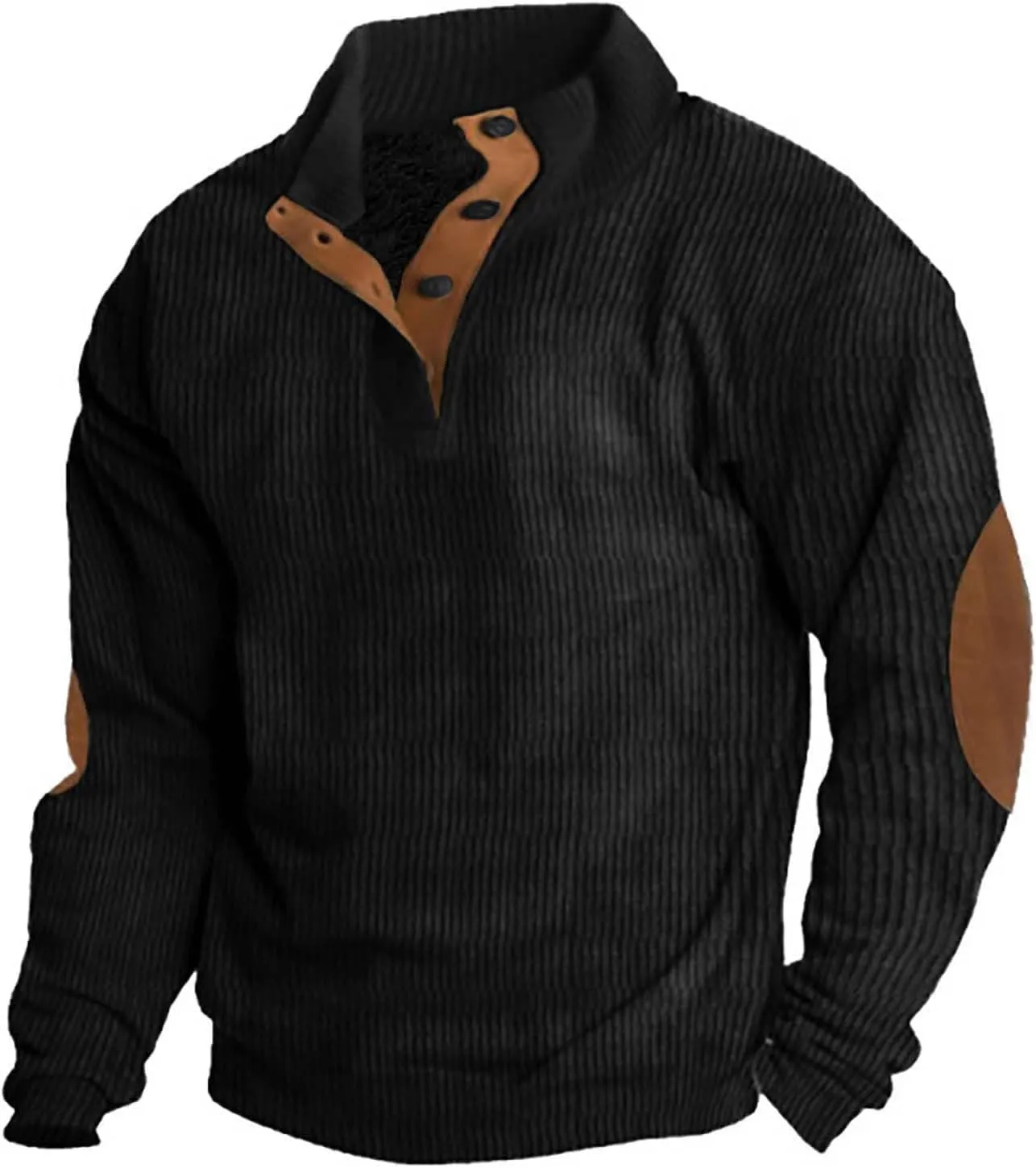 Mens Sweatshirt Stand Collar Corduroy Polo Warm Cuff Patch Long Sleeve Sweatshirt Top Stand Collar Button Pullover