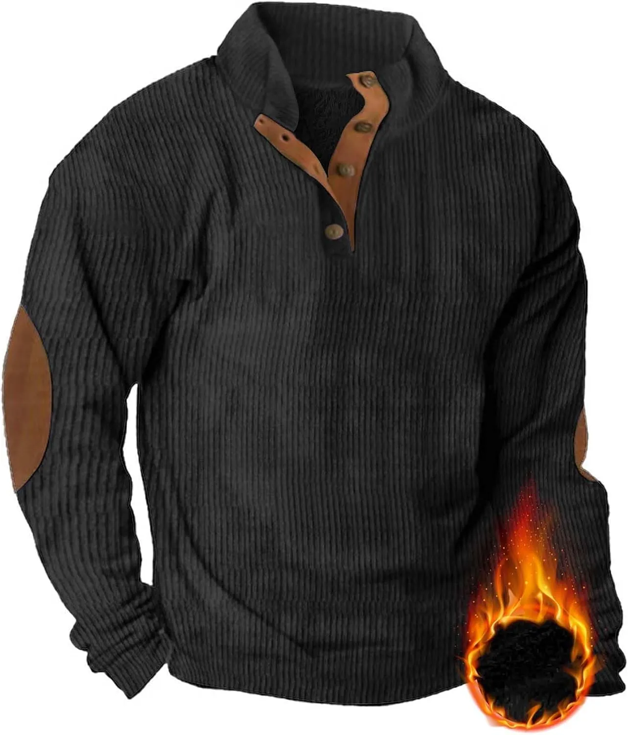 Mens Sweatshirt Stand Collar Corduroy Polo Warm Cuff Patch Long Sleeve Sweatshirt Top Stand Collar Button Pullover