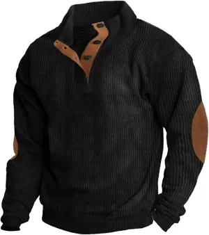 Mens Sweatshirt Stand Collar Corduroy Polo Warm Cuff Patch Long Sleeve Sweatshirt Top Stand Collar Button Pullover