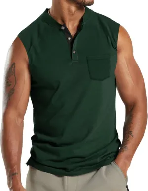 Mens V Neck Sleeveless Tank Tops Stand Collar Button Workout Shirts Lightweight Fashion Breathable Summer T Shirts