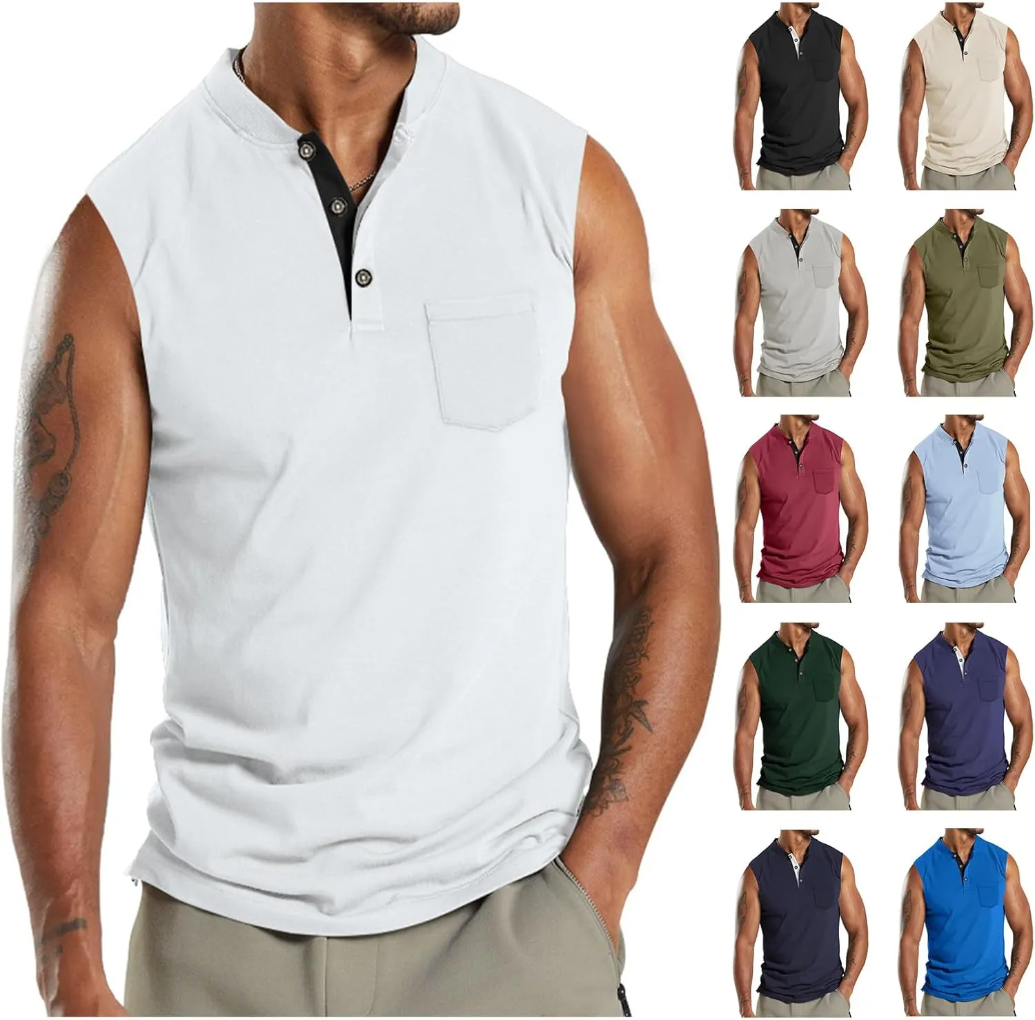 Mens V Neck Sleeveless Tank Tops Stand Collar Button Workout Shirts Lightweight Fashion Breathable Summer T Shirts