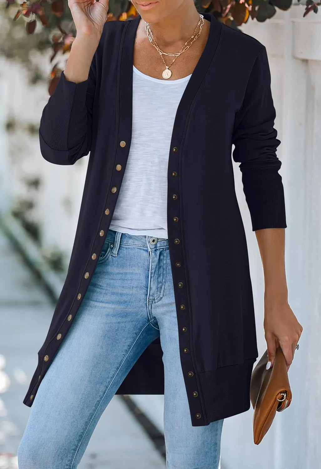 MEROKEETY Women's 2024 Fall Long Sleeve Snap Button Down Solid Color Knit Ribbed Neckline Cardigans