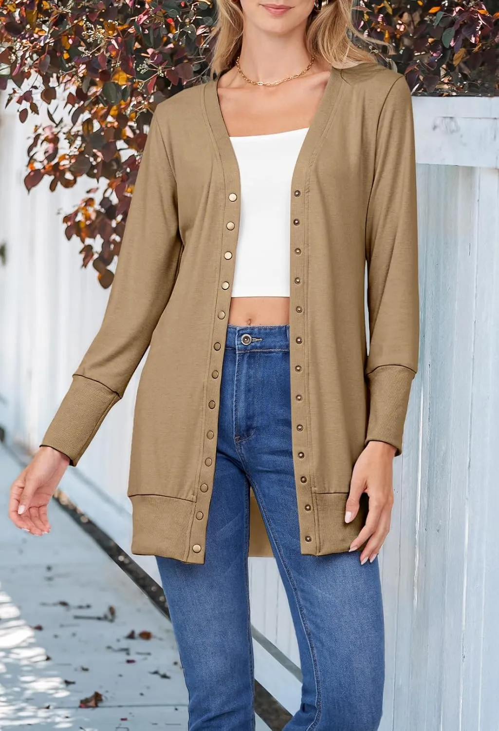 MEROKEETY Women's 2024 Fall Long Sleeve Snap Button Down Solid Color Knit Ribbed Neckline Cardigans