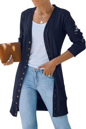 MEROKEETY Women's 2024 Fall Long Sleeve Snap Button Down Solid Color Knit Ribbed Neckline Cardigans