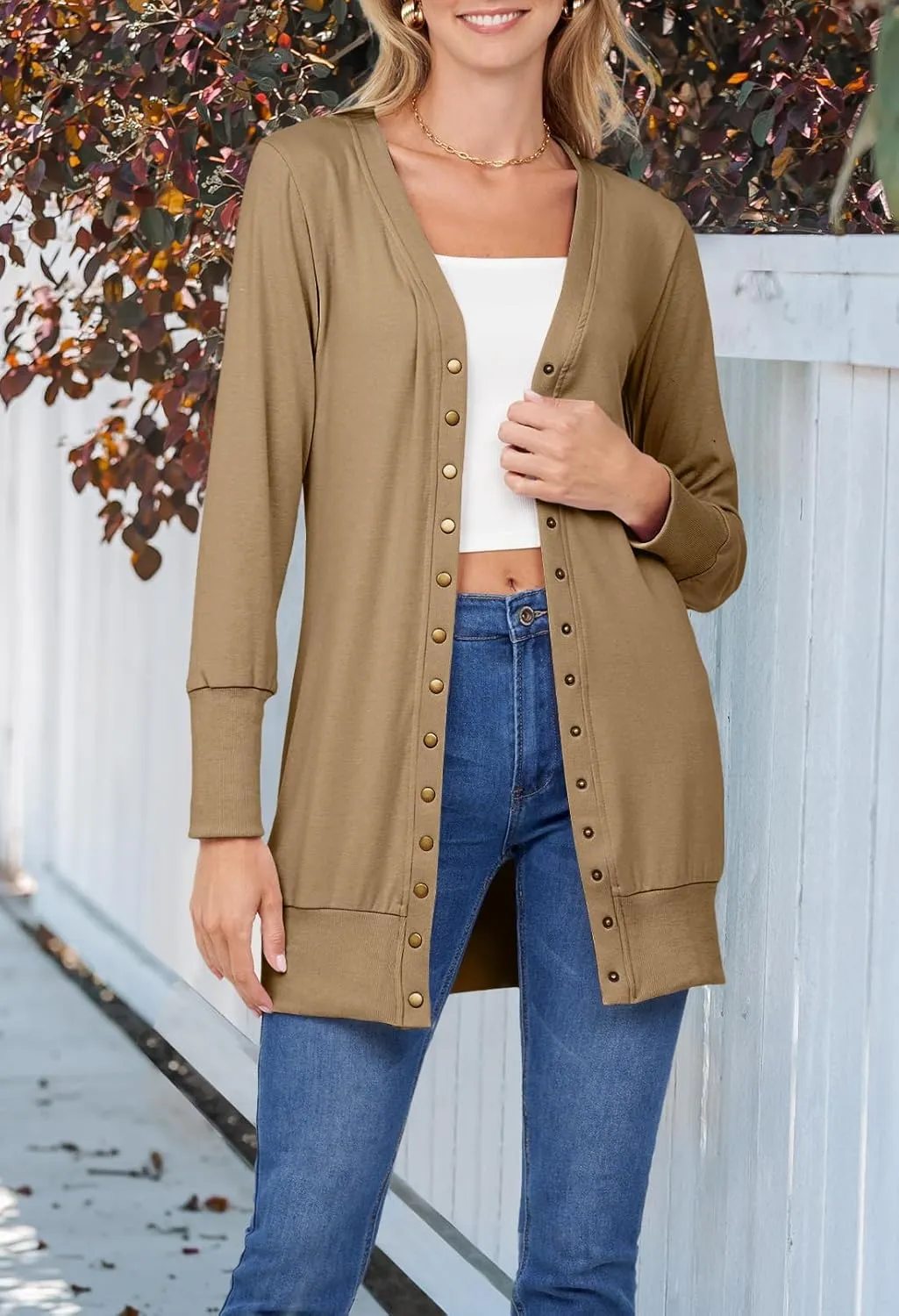 MEROKEETY Women's 2024 Fall Long Sleeve Snap Button Down Solid Color Knit Ribbed Neckline Cardigans