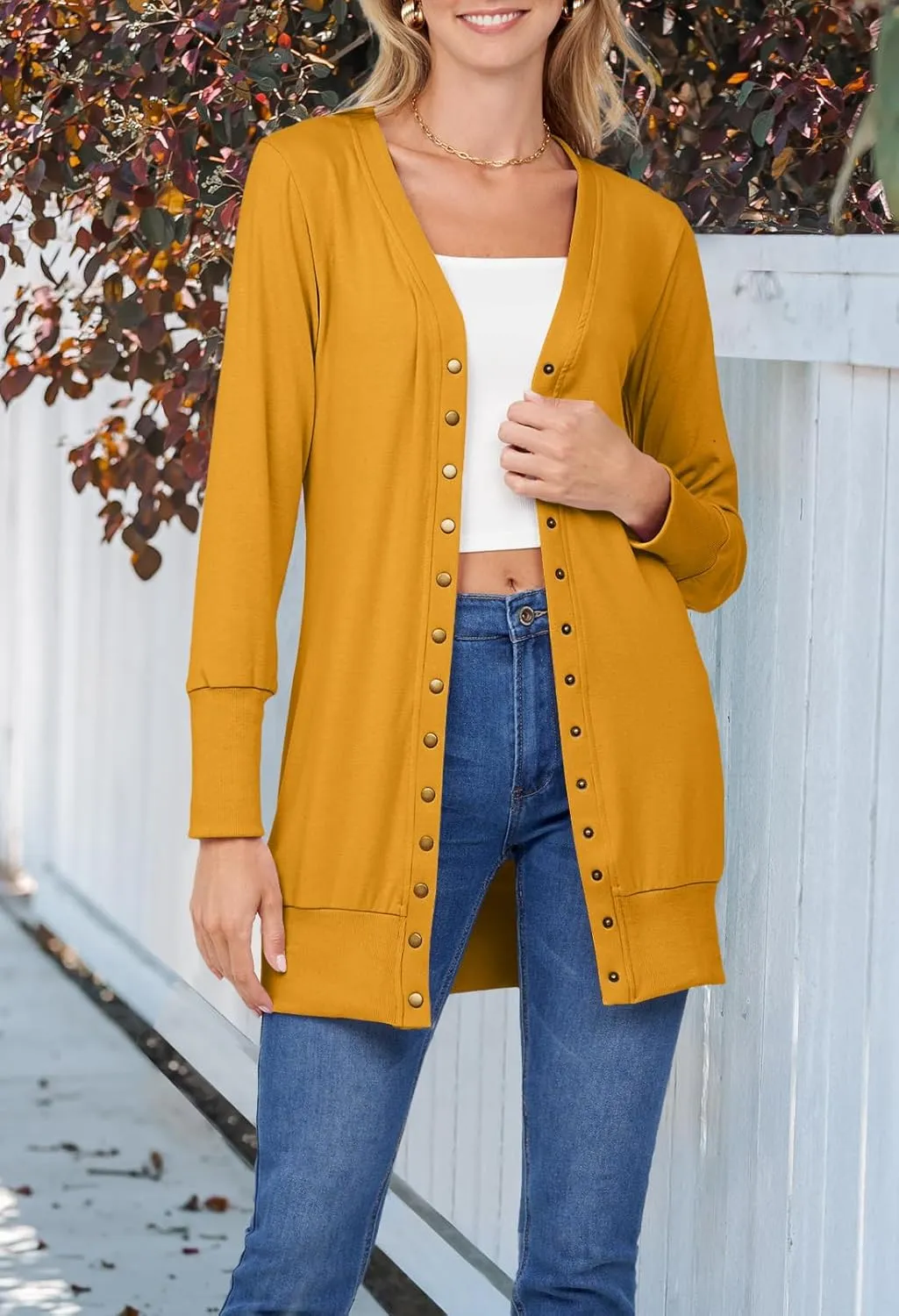 MEROKEETY Women's 2024 Fall Long Sleeve Snap Button Down Solid Color Knit Ribbed Neckline Cardigans