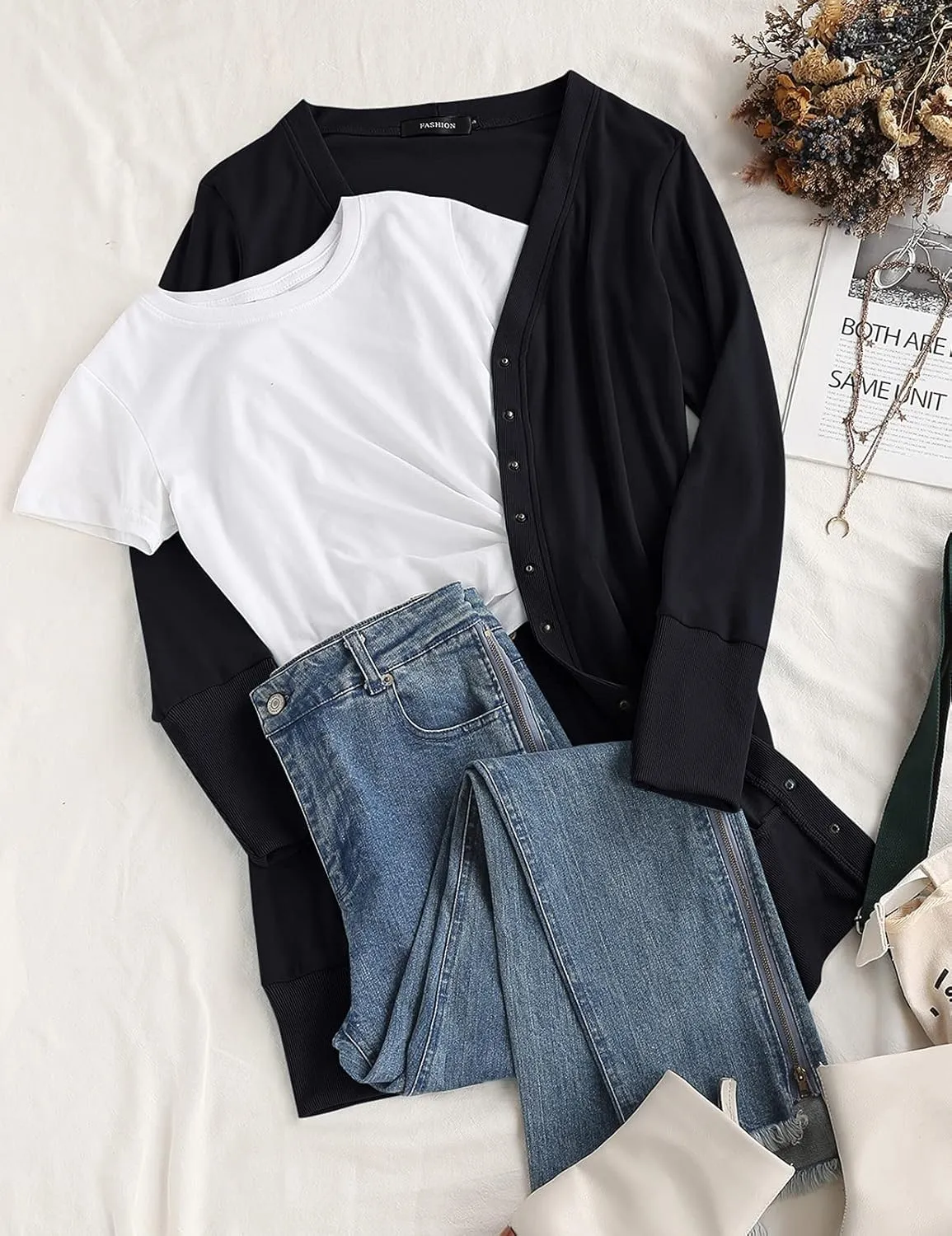 MEROKEETY Women's 2024 Fall Long Sleeve Snap Button Down Solid Color Knit Ribbed Neckline Cardigans