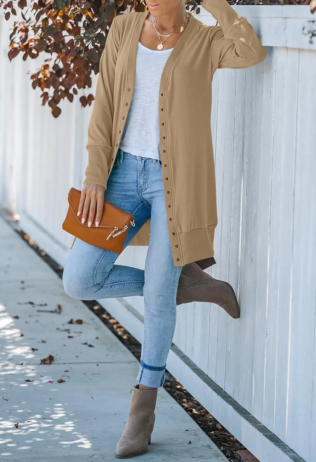 MEROKEETY Women's 2024 Fall Long Sleeve Snap Button Down Solid Color Knit Ribbed Neckline Cardigans