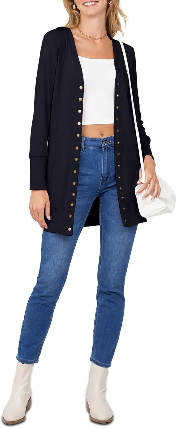 MEROKEETY Women's 2024 Fall Long Sleeve Snap Button Down Solid Color Knit Ribbed Neckline Cardigans