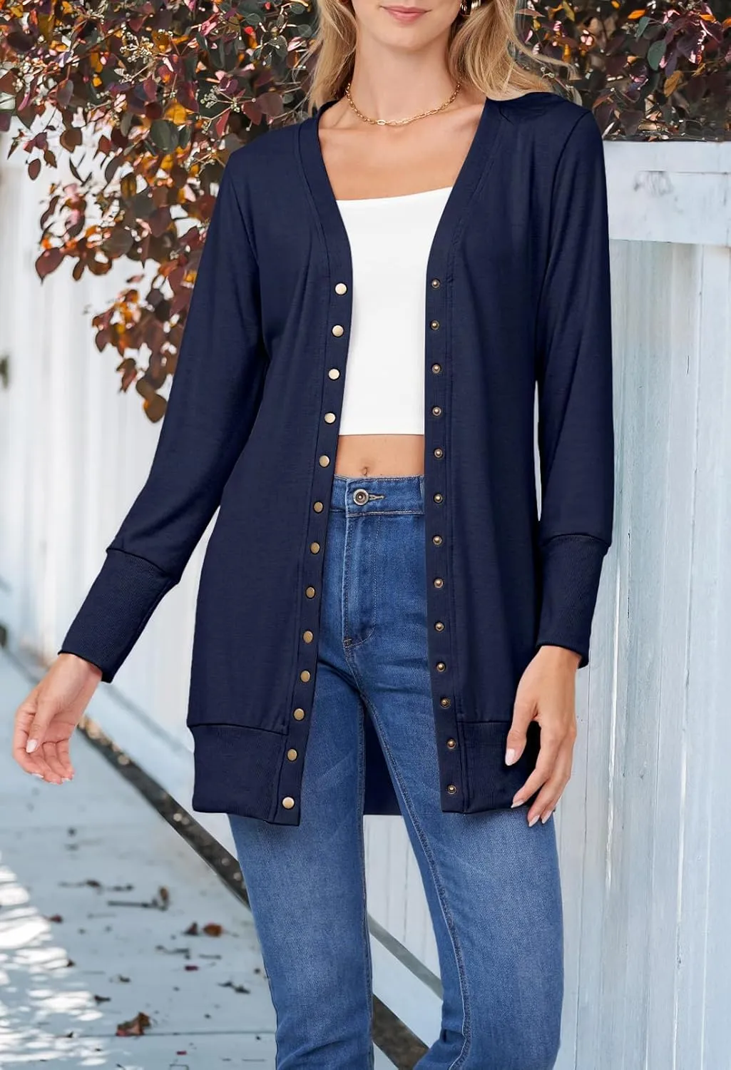 MEROKEETY Women's 2024 Fall Long Sleeve Snap Button Down Solid Color Knit Ribbed Neckline Cardigans