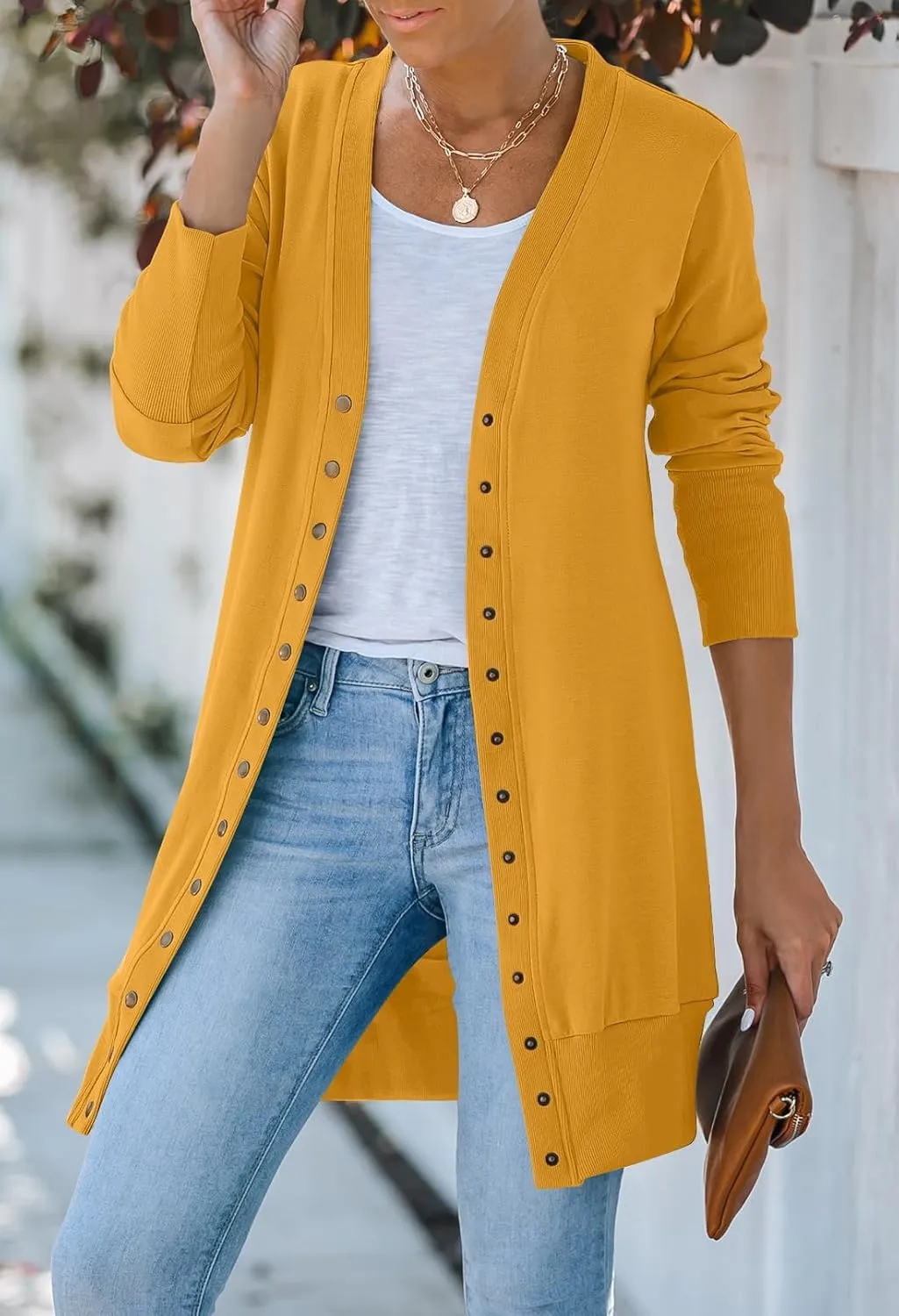 MEROKEETY Women's 2024 Fall Long Sleeve Snap Button Down Solid Color Knit Ribbed Neckline Cardigans