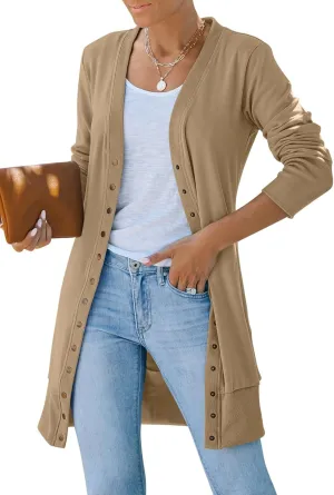 MEROKEETY Women's 2024 Fall Long Sleeve Snap Button Down Solid Color Knit Ribbed Neckline Cardigans