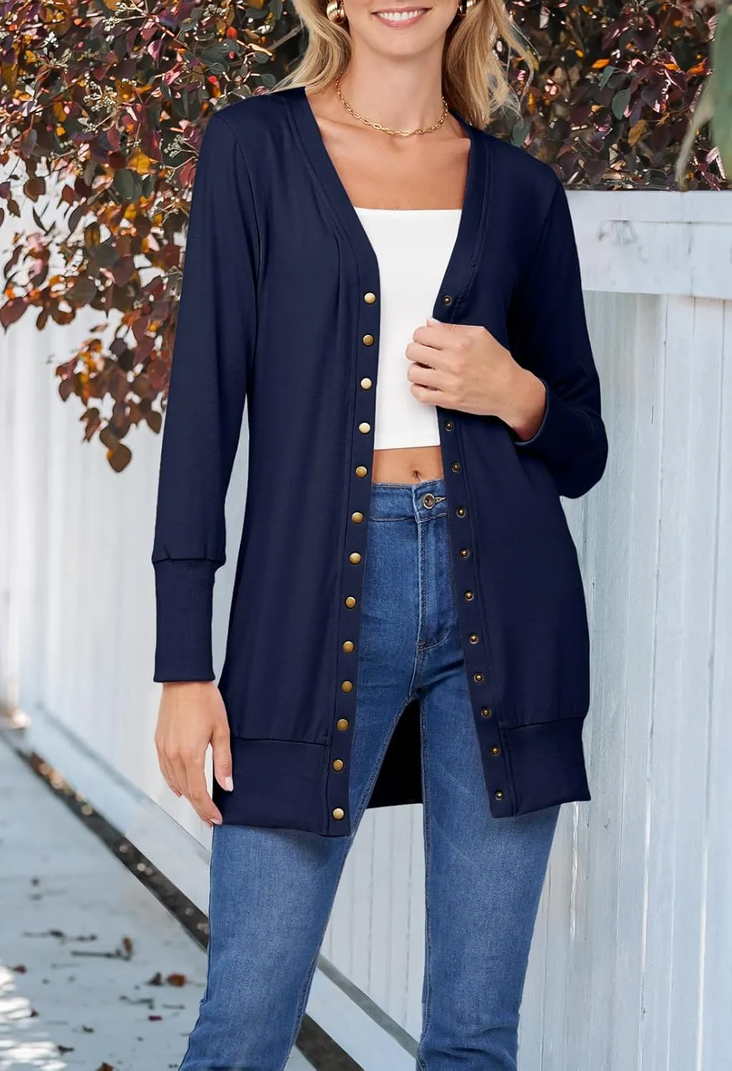 MEROKEETY Women's 2024 Fall Long Sleeve Snap Button Down Solid Color Knit Ribbed Neckline Cardigans