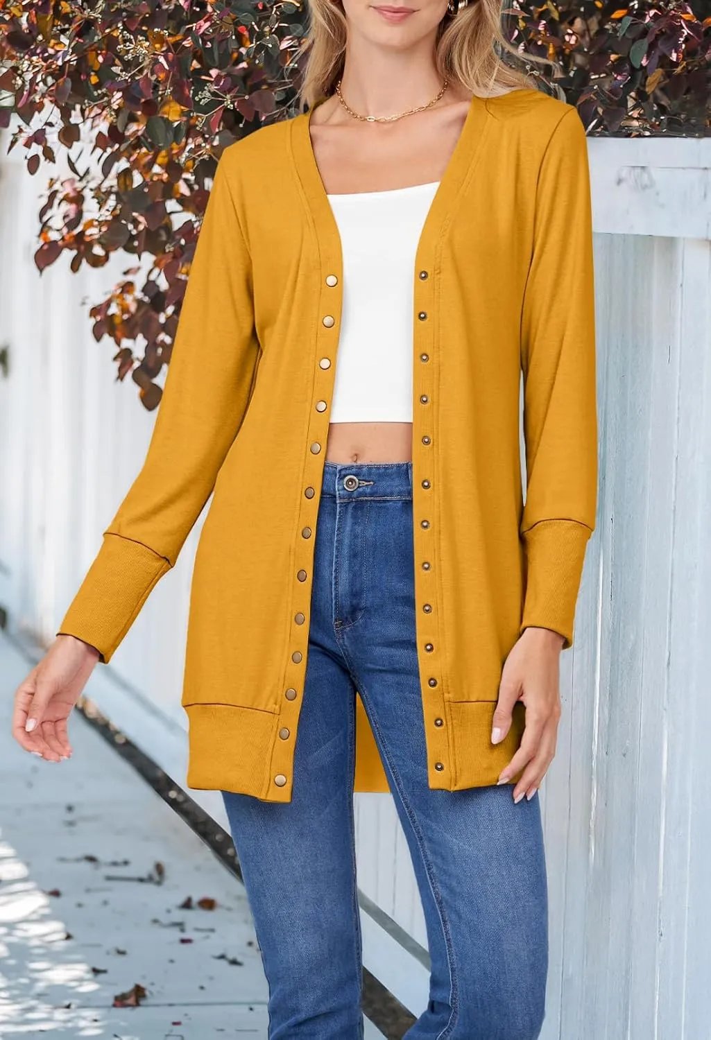 MEROKEETY Women's 2024 Fall Long Sleeve Snap Button Down Solid Color Knit Ribbed Neckline Cardigans