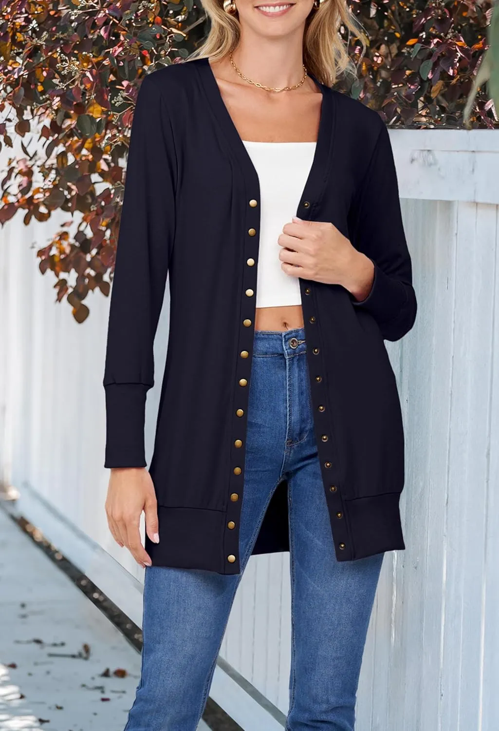 MEROKEETY Women's 2024 Fall Long Sleeve Snap Button Down Solid Color Knit Ribbed Neckline Cardigans