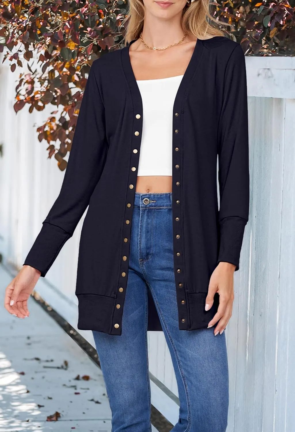 MEROKEETY Women's 2024 Fall Long Sleeve Snap Button Down Solid Color Knit Ribbed Neckline Cardigans