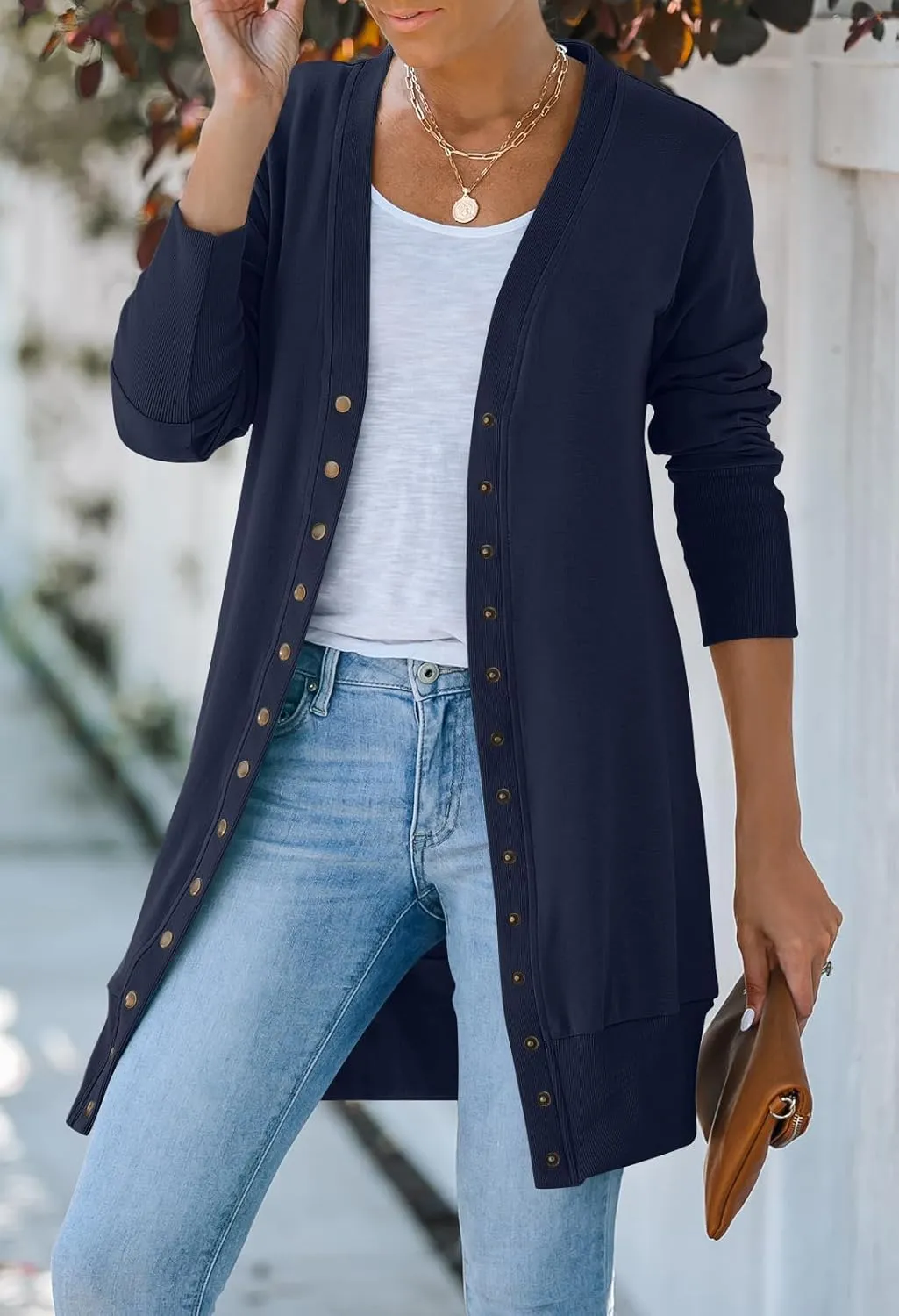 MEROKEETY Women's 2024 Fall Long Sleeve Snap Button Down Solid Color Knit Ribbed Neckline Cardigans