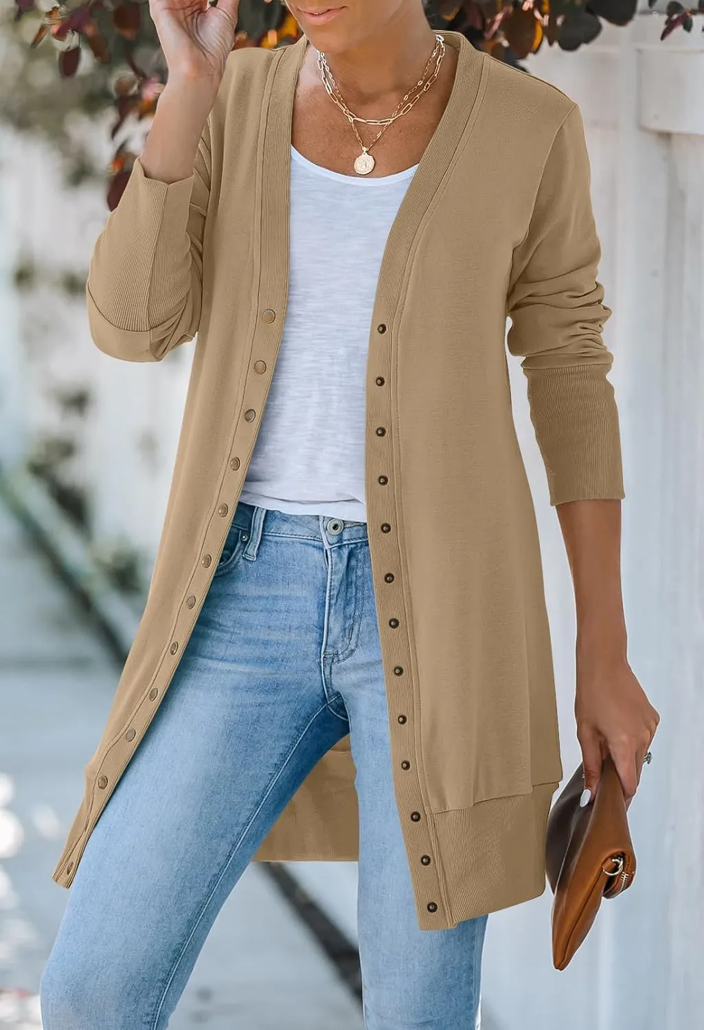 MEROKEETY Women's 2024 Fall Long Sleeve Snap Button Down Solid Color Knit Ribbed Neckline Cardigans