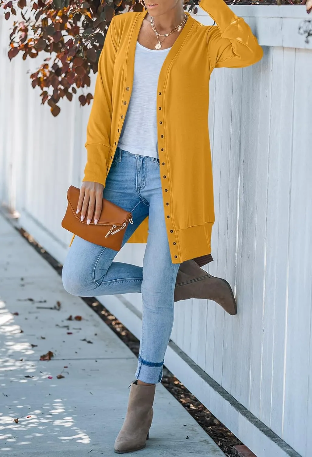 MEROKEETY Women's 2024 Fall Long Sleeve Snap Button Down Solid Color Knit Ribbed Neckline Cardigans