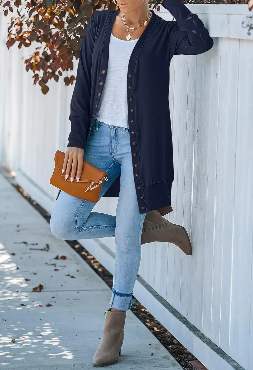 MEROKEETY Women's 2024 Fall Long Sleeve Snap Button Down Solid Color Knit Ribbed Neckline Cardigans
