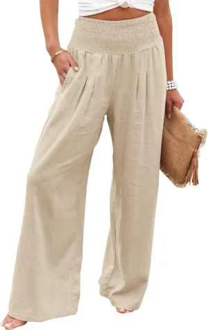 Mmoneyake Women Wide Leg Pants Casual Summer High Waisted Cotton Linen Palazzo Pants Long Lounge Pant Pajama Trousers Women