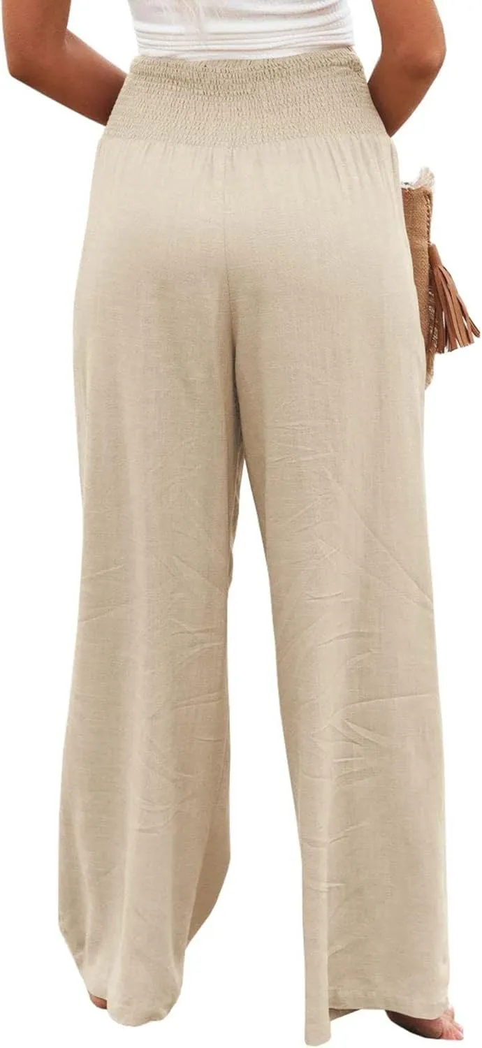 Mmoneyake Women Wide Leg Pants Casual Summer High Waisted Cotton Linen Palazzo Pants Long Lounge Pant Pajama Trousers Women