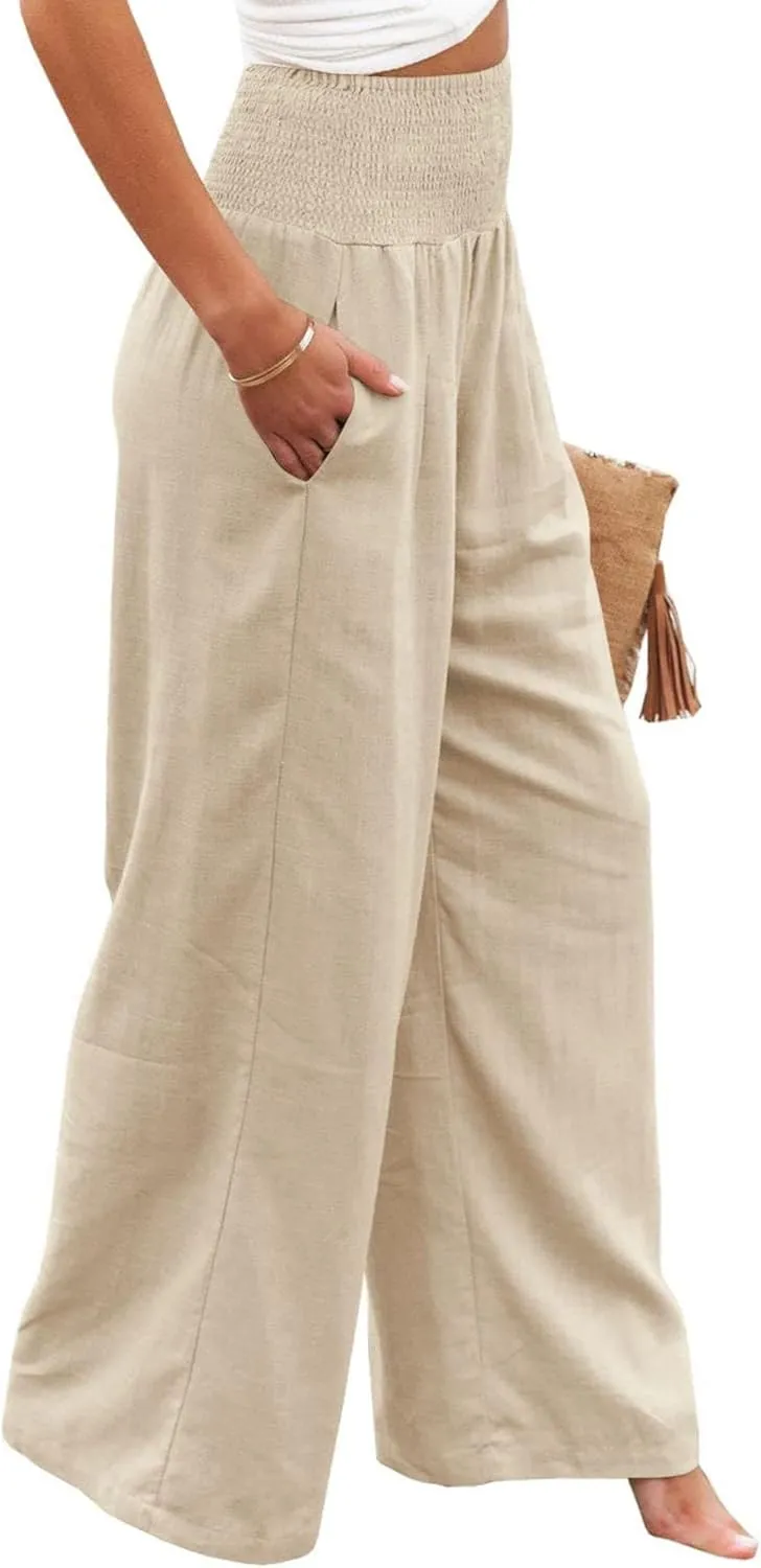 Mmoneyake Women Wide Leg Pants Casual Summer High Waisted Cotton Linen Palazzo Pants Long Lounge Pant Pajama Trousers Women