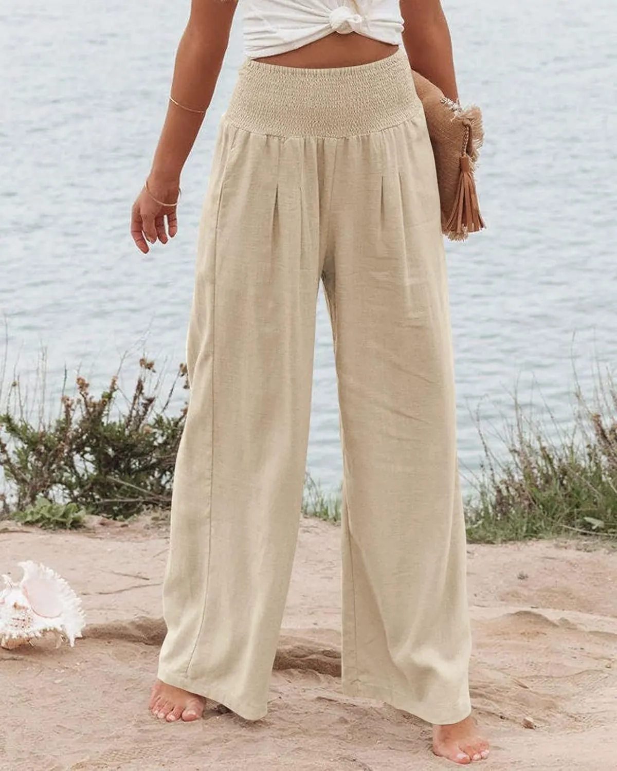 Mmoneyake Women Wide Leg Pants Casual Summer High Waisted Cotton Linen Palazzo Pants Long Lounge Pant Pajama Trousers Women