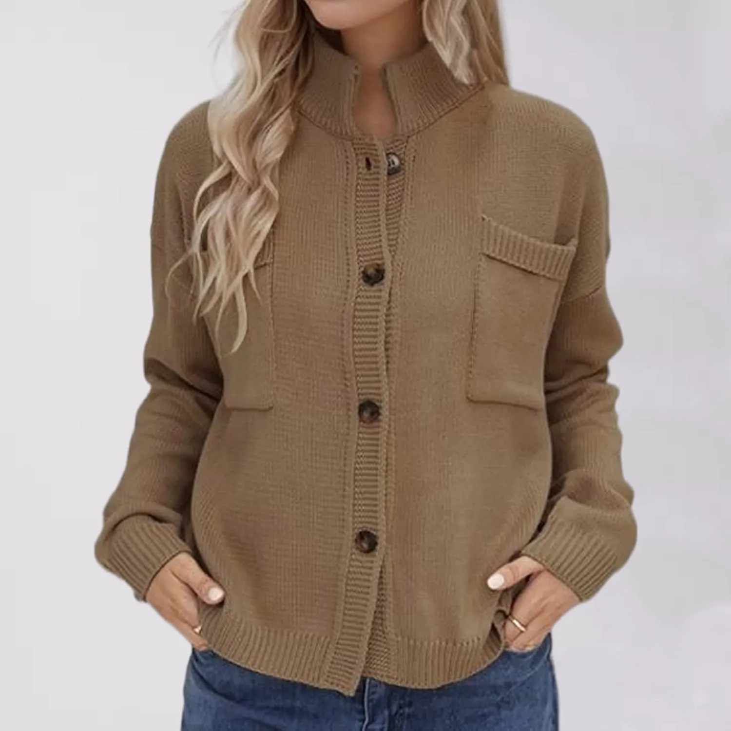 New Selling Knitted Coat Stand Collar Solid Color Cardigan Sweater Women's Dress Long Sweater with Pocket