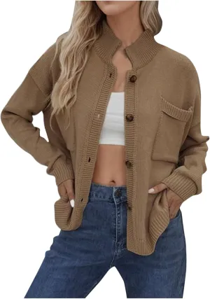 New Selling Knitted Coat Stand Collar Solid Color Cardigan Sweater Women's Dress Long Sweater with Pocket