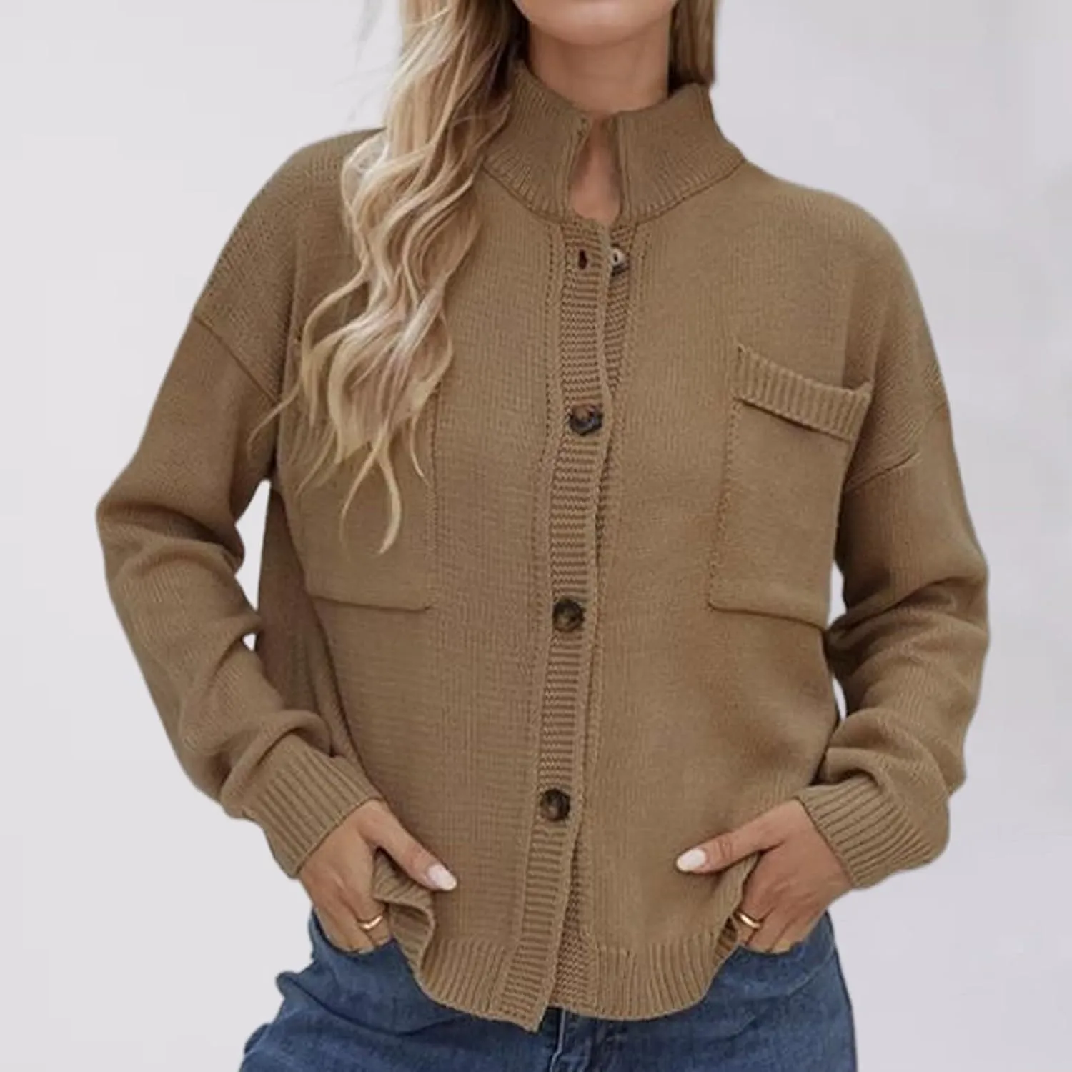 New Selling Knitted Coat Stand Collar Solid Color Cardigan Sweater Women's Dress Long Sweater with Pocket