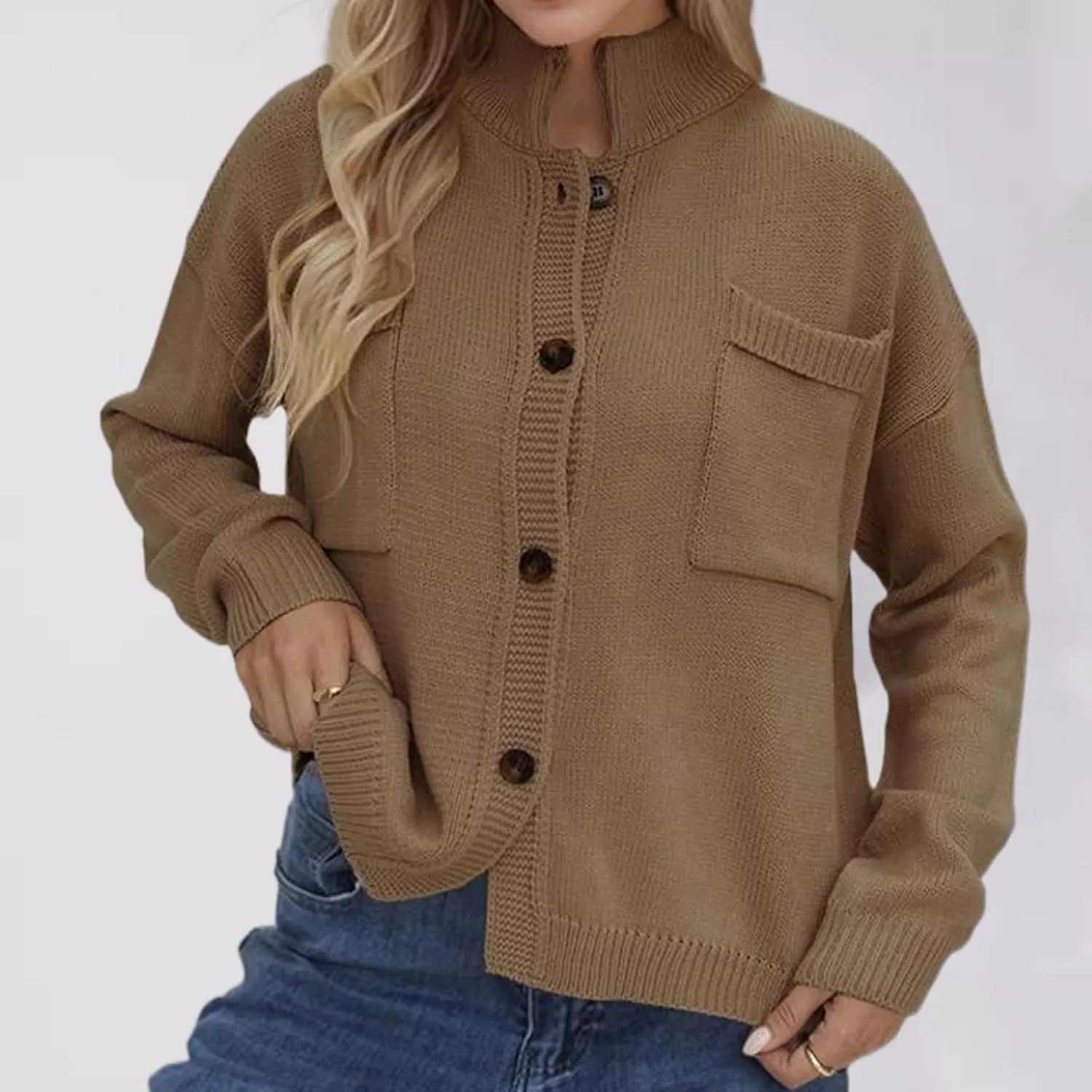 New Selling Knitted Coat Stand Collar Solid Color Cardigan Sweater Women's Dress Long Sweater with Pocket