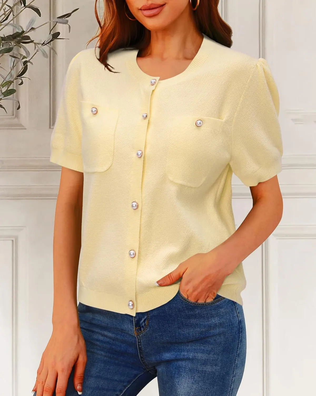 Newshows Womens Summer Cardigan Sweaters Lightweight Short Sleeve Button Down Shirts Ribbed Knit Blouse Tops 2024 Trendy
