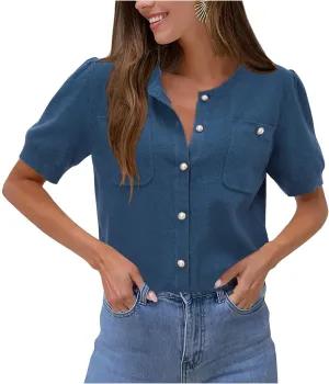 Newshows Womens Summer Cardigan Sweaters Lightweight Short Sleeve Button Down Shirts Ribbed Knit Blouse Tops 2024 Trendy