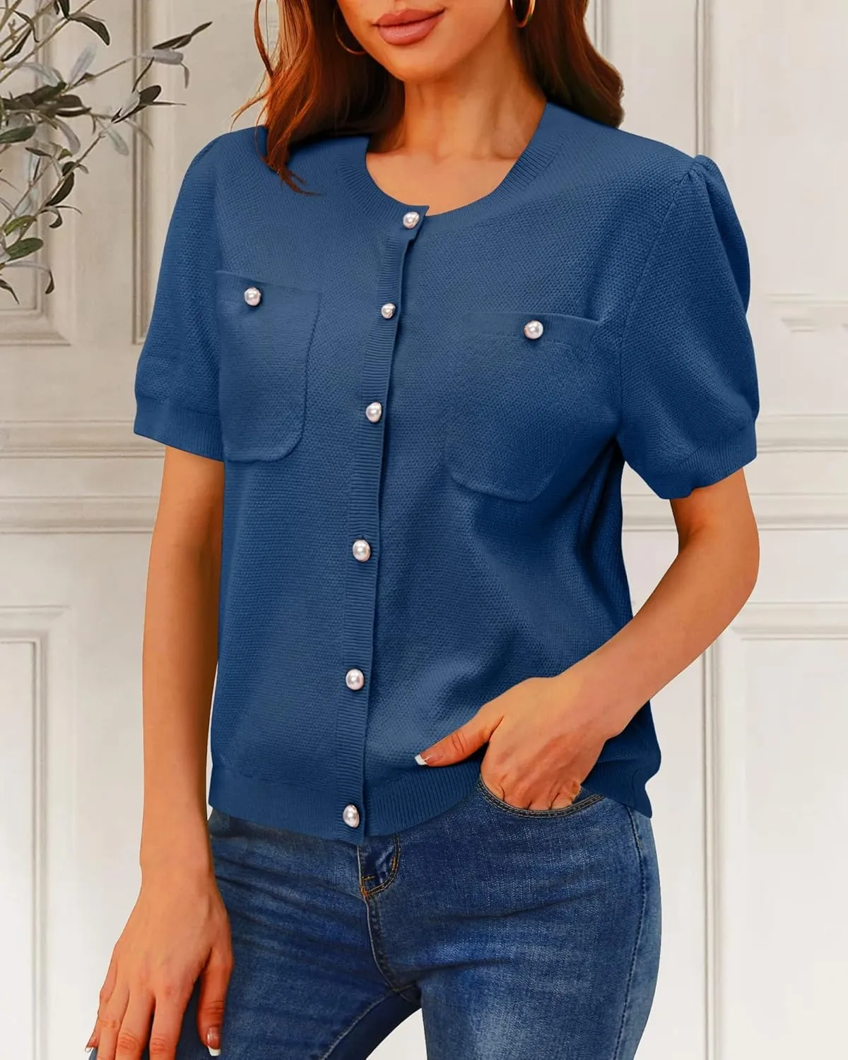 Newshows Womens Summer Cardigan Sweaters Lightweight Short Sleeve Button Down Shirts Ribbed Knit Blouse Tops 2024 Trendy