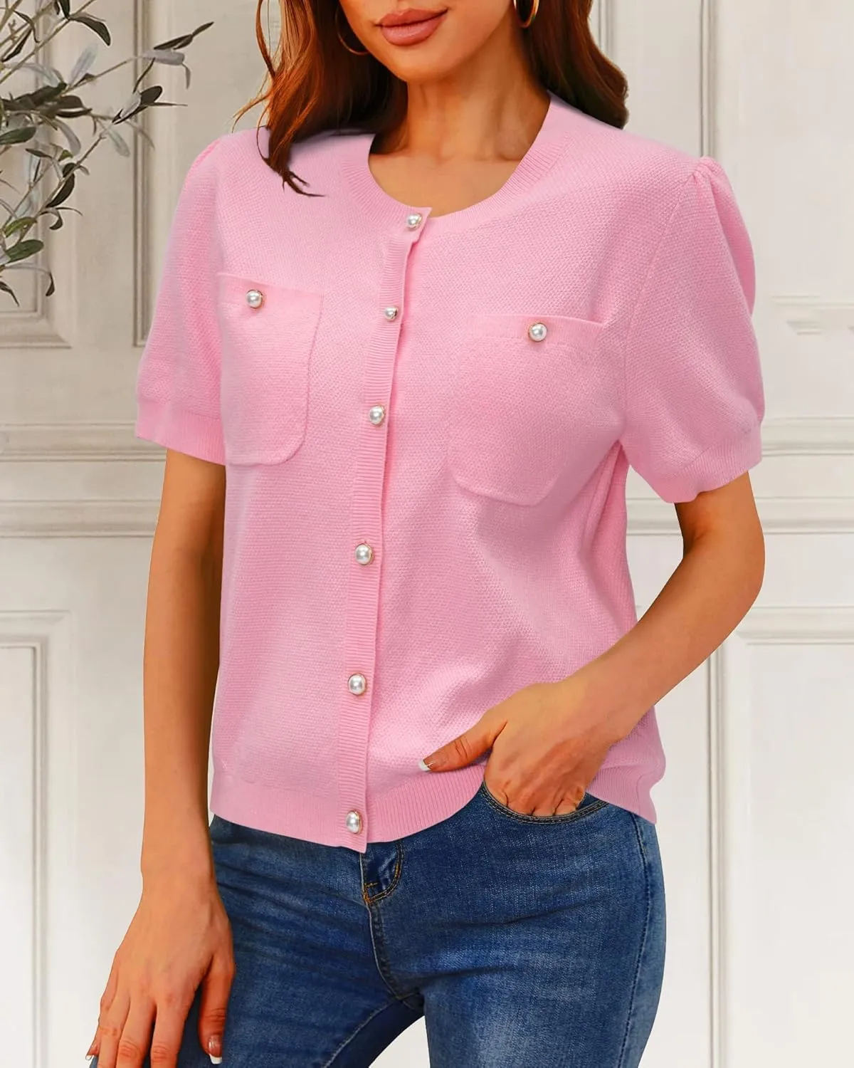 Newshows Womens Summer Cardigan Sweaters Lightweight Short Sleeve Button Down Shirts Ribbed Knit Blouse Tops 2024 Trendy