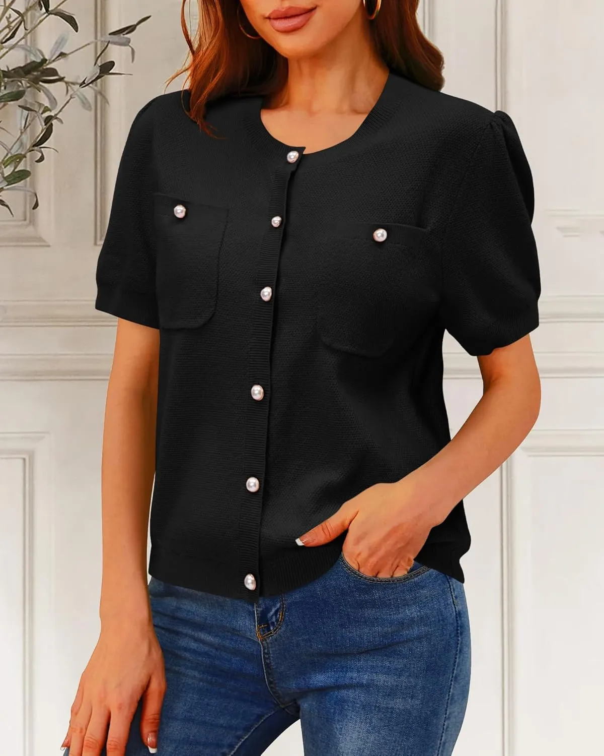 Newshows Womens Summer Cardigan Sweaters Lightweight Short Sleeve Button Down Shirts Ribbed Knit Blouse Tops 2024 Trendy