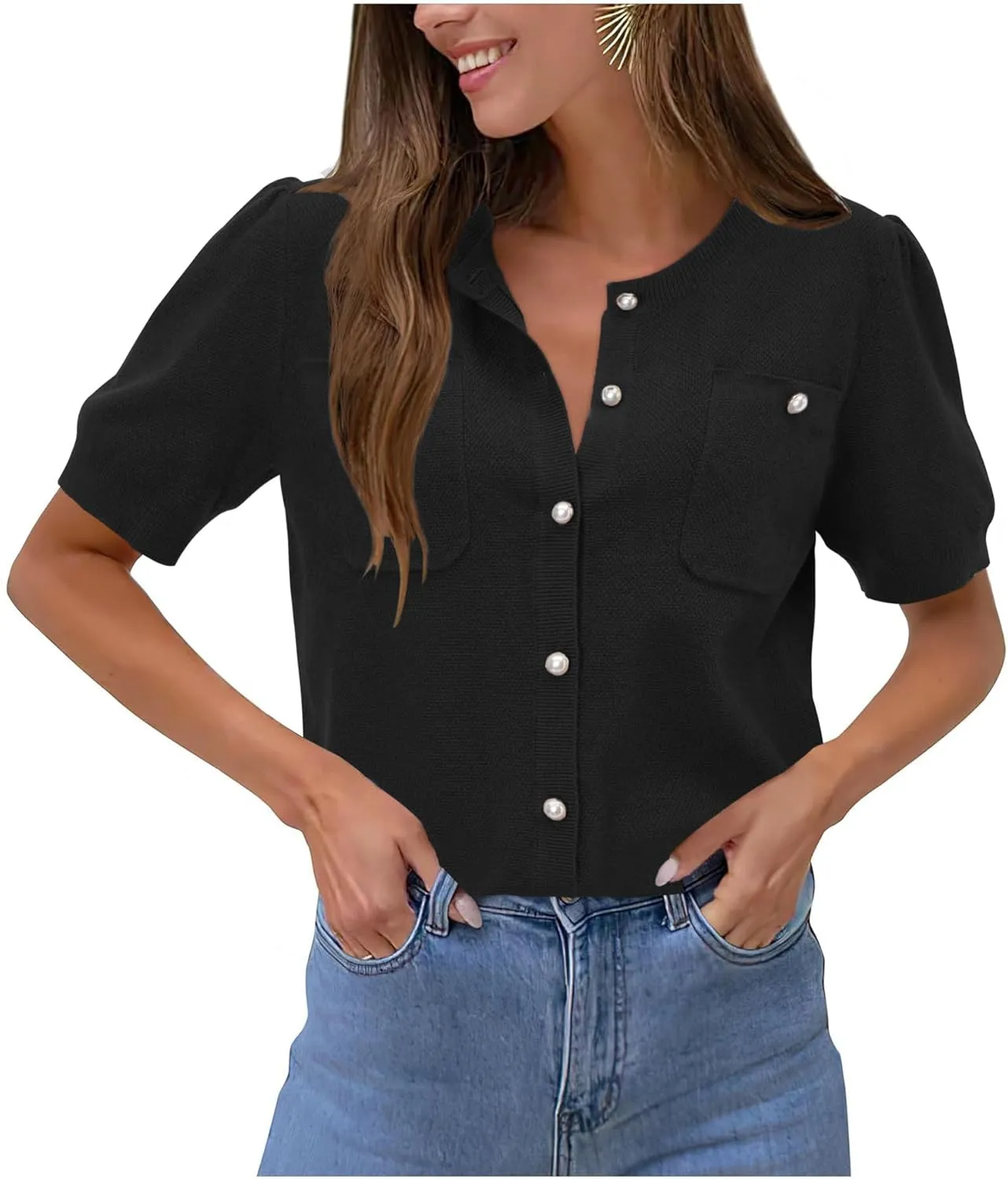 Newshows Womens Summer Cardigan Sweaters Lightweight Short Sleeve Button Down Shirts Ribbed Knit Blouse Tops 2024 Trendy