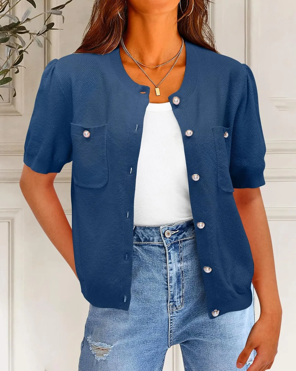 Newshows Womens Summer Cardigan Sweaters Lightweight Short Sleeve Button Down Shirts Ribbed Knit Blouse Tops 2024 Trendy