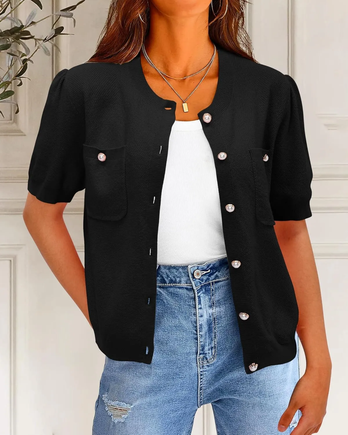 Newshows Womens Summer Cardigan Sweaters Lightweight Short Sleeve Button Down Shirts Ribbed Knit Blouse Tops 2024 Trendy