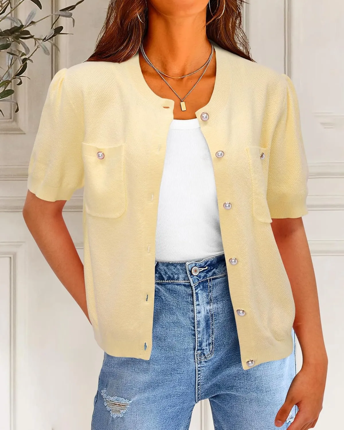 Newshows Womens Summer Cardigan Sweaters Lightweight Short Sleeve Button Down Shirts Ribbed Knit Blouse Tops 2024 Trendy